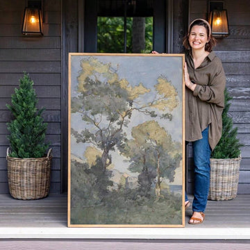 Watercolor tree landscape canvas poster shown in a large framed display