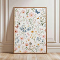 Watercolor wildflowers and butterflies in light wood frame