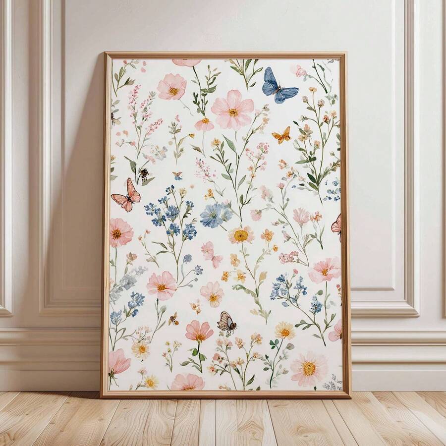 Watercolor wildflowers and butterflies in light wood frame