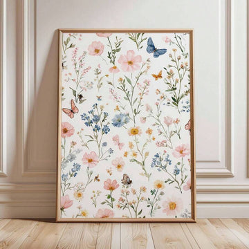 Watercolor wildflowers and butterflies in light wood frame