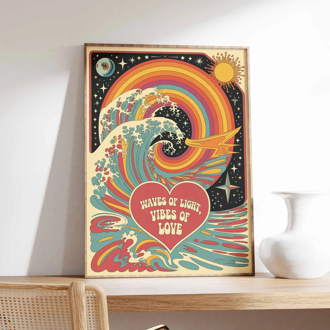 Retro rainbow wave canvas poster with heart message on a wooden shelf
