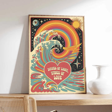 Retro rainbow wave canvas poster with heart message on a wooden shelf