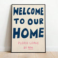 Funny welcome home poster with navy lettering and pink 9 PM message in a black frame