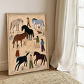 Western horse and rider folk art canvas poster in a light wood frame