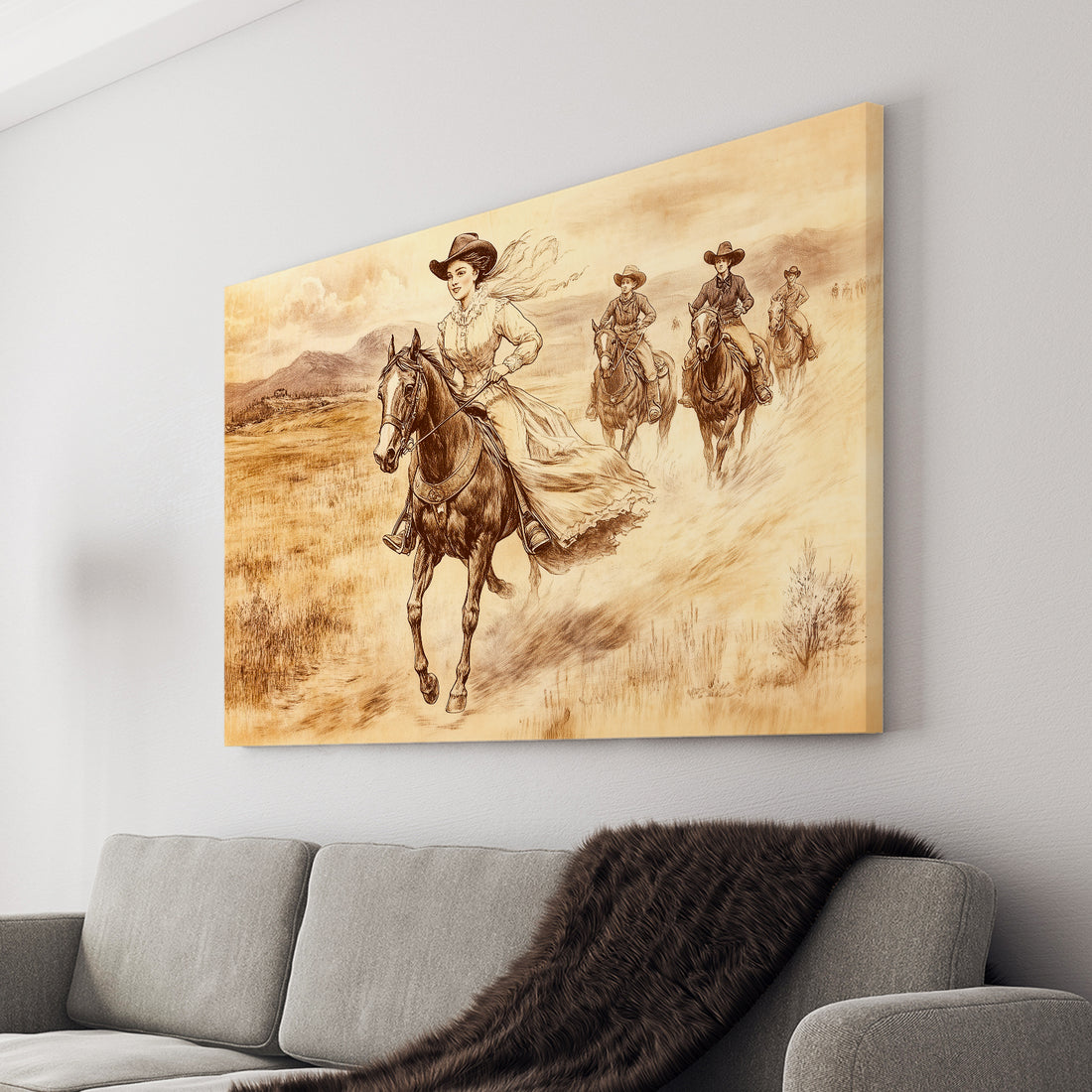 Elevate your home with our Western Horse Riding Canvas Wall Art, featuring a beautiful sepia tone ranch scene. Perfect for your living room, sofa backdrop, or bedside decoration, this piece adds a touch of rustic charm to any space. Experience the beauty of the wild west in the comfort of your own home.