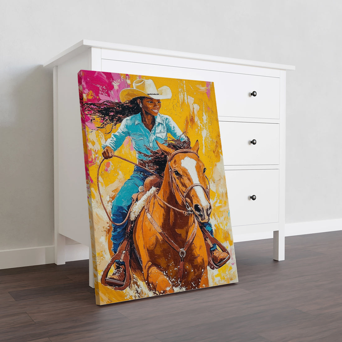 This Western Horse Riding Canvas Wall Art features a vibrant cowgirl painting that adds a touch of Western flair to any room. Perfect for living rooms, sofa backdrops, bedside decorations, and home decor, this piece will bring an element of the Wild West into your home.