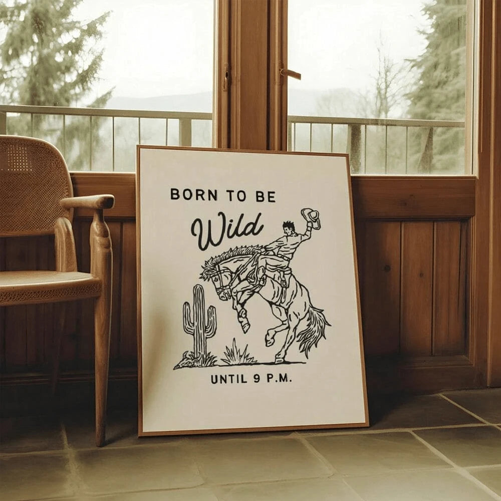 Born To Be Wild cowboy horse canvas print in a wood frame room mockup