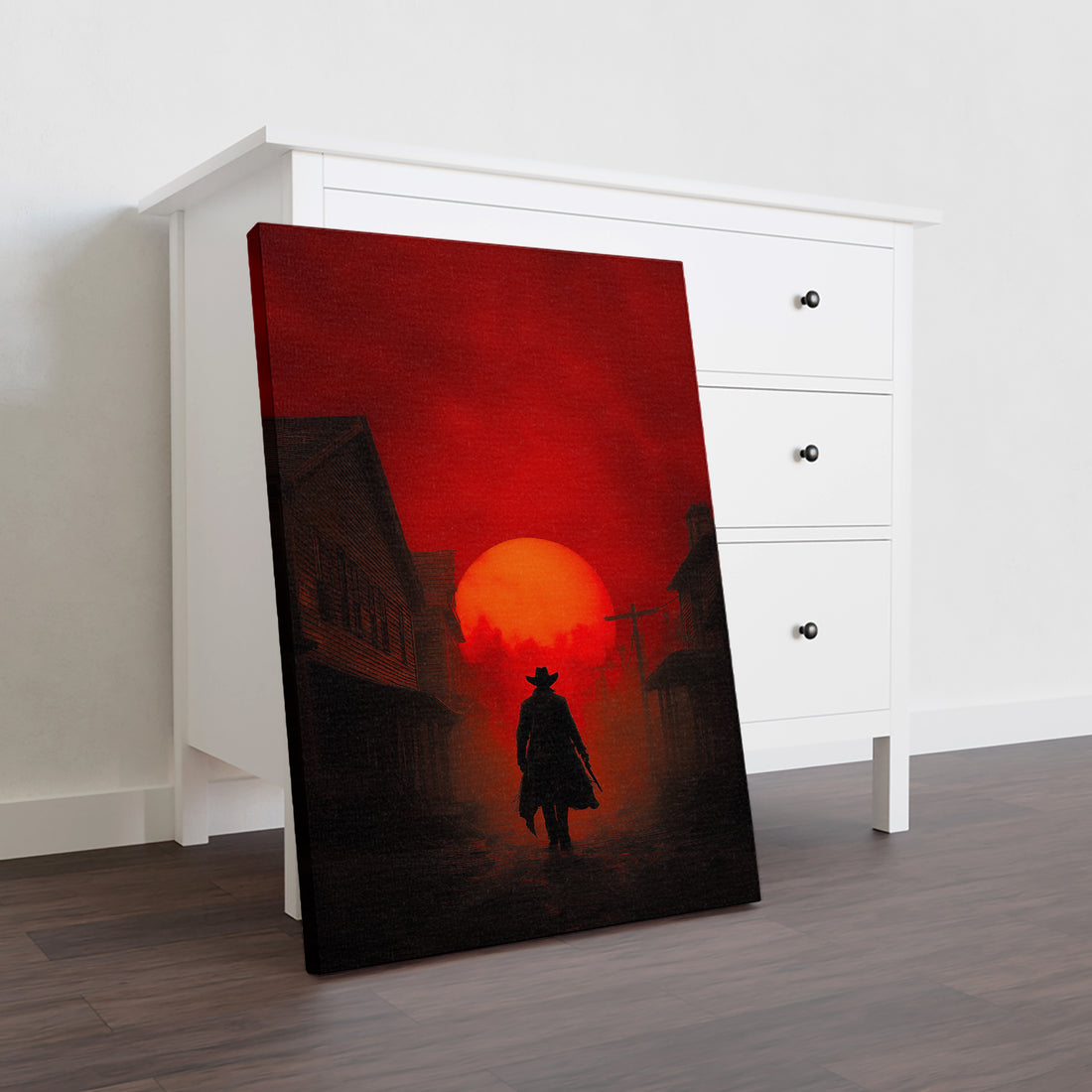Capture the spirit of the American West with this striking canvas wall art featuring a dramatic silhouette of a cowboy against a fiery red sunset. The bold dark shadow print creates striking contrast and visual depth, making it an ideal focal point for living rooms, bedrooms, or above sofas.