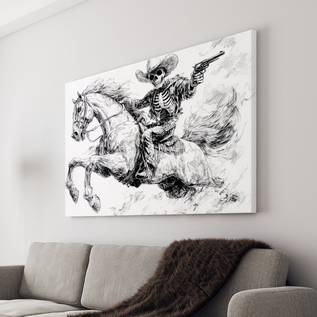 Add a spooky element to your living room, bedside, or sofa backdrop with this Western Skeleton Cowboy Canvas Wall Art. Featuring a detailed black and white horse rider drawing, this piece will catch the eye of any art lover. Its unique design adds character to any home decor.
