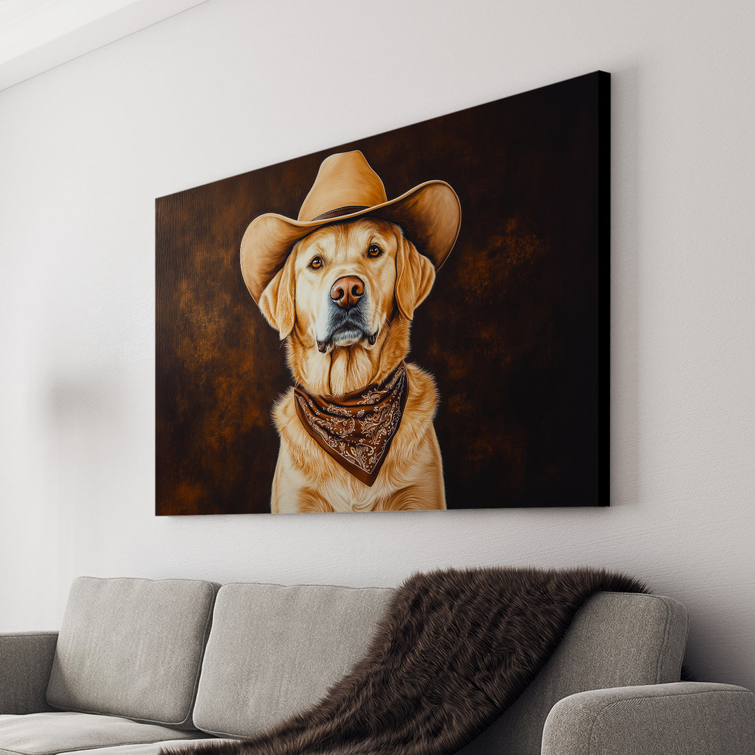 Add some western charm to your home with this hand-painted canvas wall art featuring a lovable Labrador wearing a cowboy hat and bandana. Perfect for any living room, bedroom, or sofa backdrop, this unique piece will bring a touch of whimsy and personality to your decor.