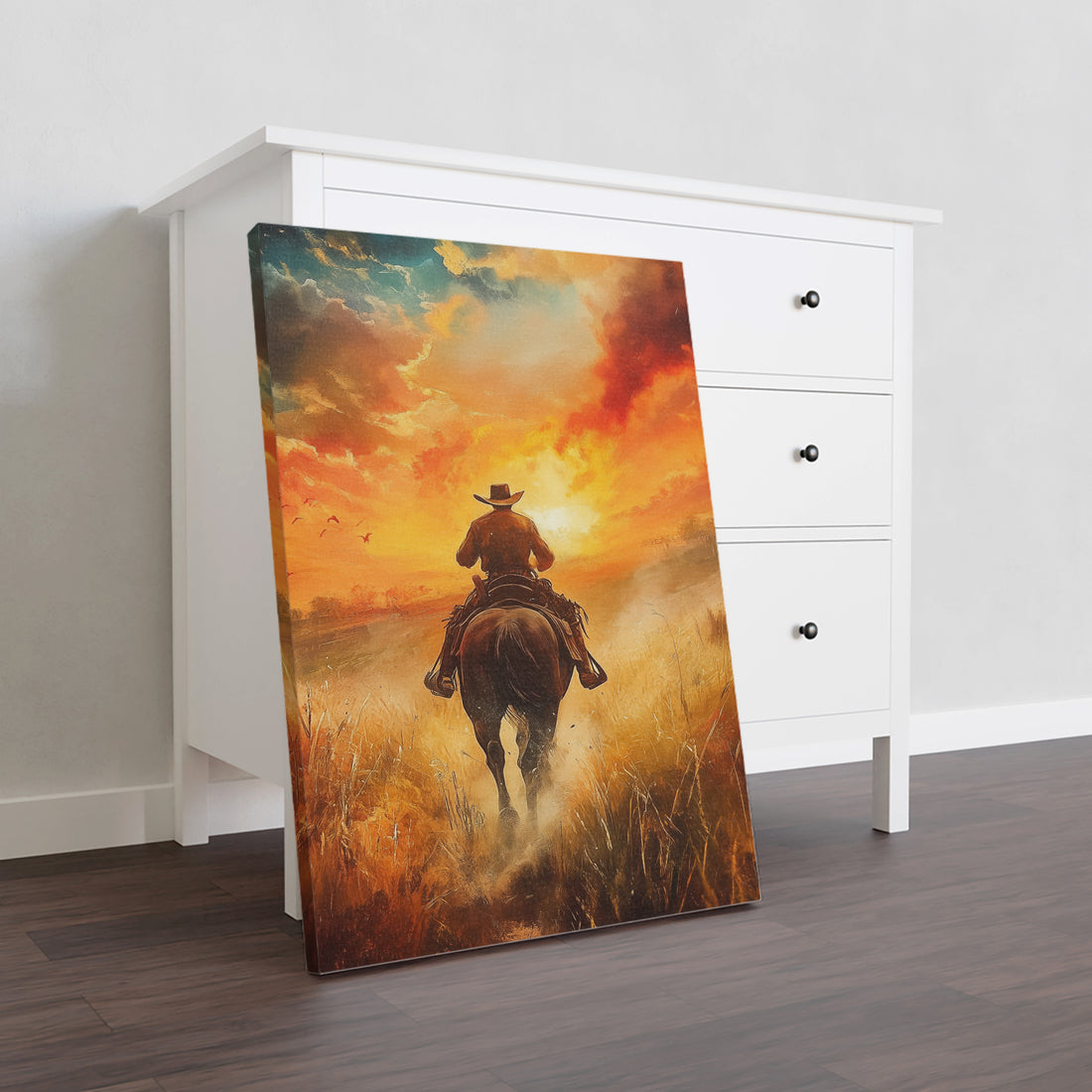 Add a touch of rugged Western charm to your living room, bedroom, or any other space with our stunning Western Sunset Canvas Wall Art. Featuring a striking image of a cowboy horseback riding through a beautiful sunset, this piece adds a rustic yet elegant vibe to any room. Perfect for a sofa backdrop or bedside decoration.
