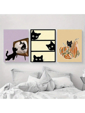 Add a touch of playful charm to your space with this 3-piece canvas wall art set. Featuring whimsical 2D flat designs of a pumpkin and a black cat, these prints are perfect for cat lovers seeking unique seasonal decor. Crafted for easy hanging, the set brings a balanced blend of simplicity and character to any room, enhancing your home with subtle festive spirit and artistic flair.