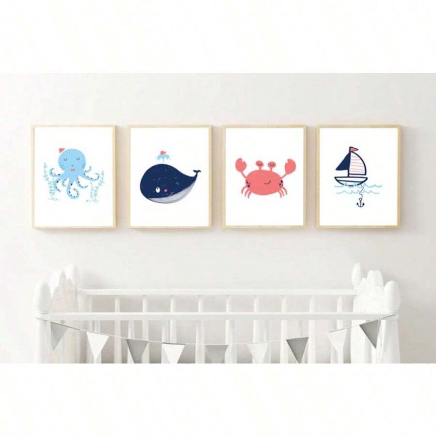 Bring ocean magic to your child's room with this delightful 4-piece wall art set. Featuring charming cartoon illustrations of a whale, octopus, and crab, each print captures playful underwater characters that spark imagination and wonder. Printed on high-quality canvas with waterproof protection, these unframed paintings are durable enough to withstand the energy of any kid's space. The vibrant cartoon style adds a whimsical touch that complements modern and eclectic room designs alike. Perfect for creating