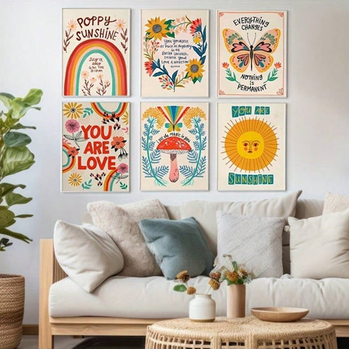 Six piece whimsical vintage mushroom and butterfly canvas poster set for nursery