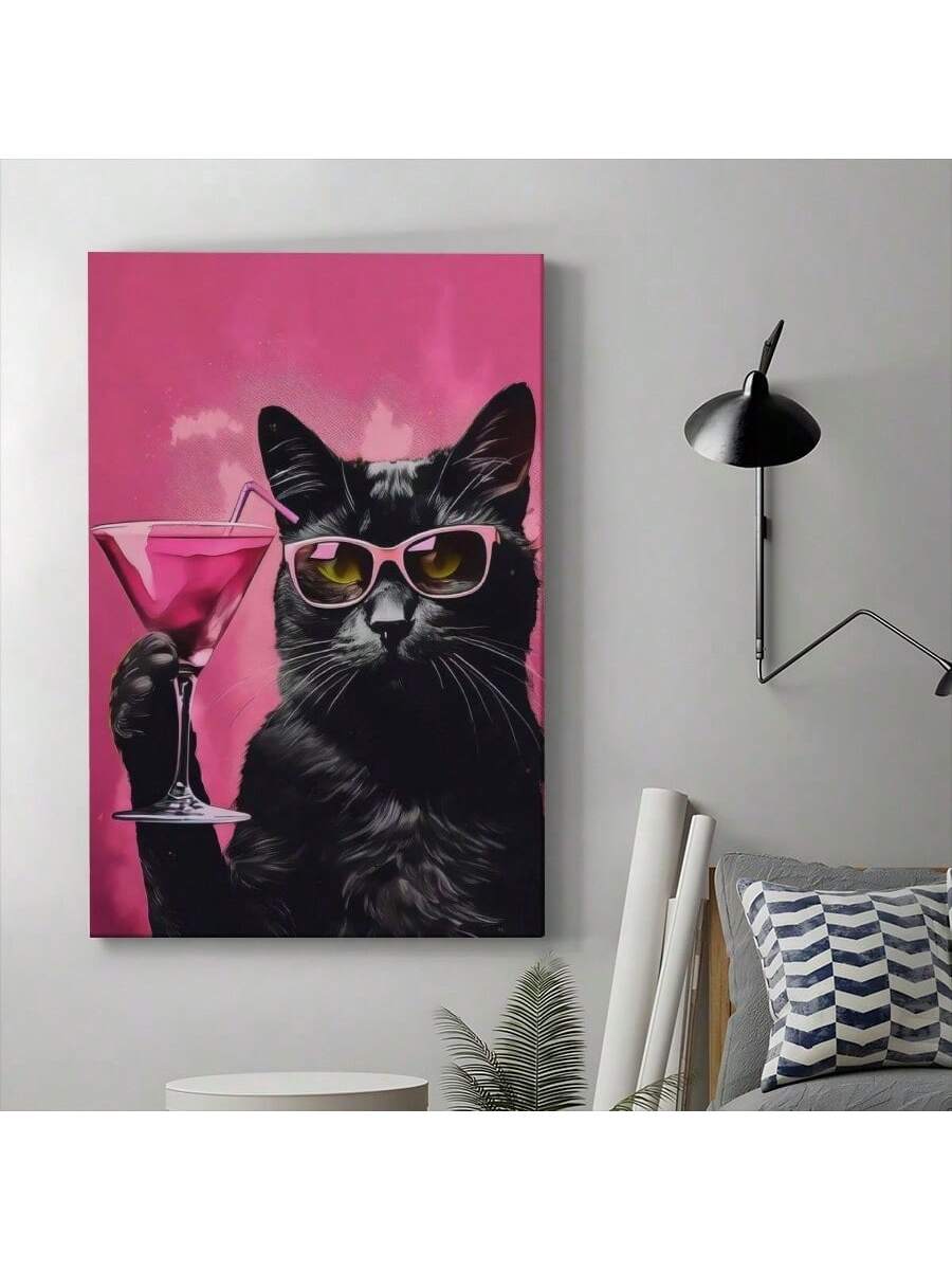 Add a touch of playful sophistication to your space with this Whimsical Black Cat Cocktail Canvas Art. The modern design features a stylized black cat with cocktail elements, creating a perfect conversation piece for home bars, kitchens, or living areas. The high-quality canvas construction ensures durability while the contemporary aesthetic complements various interior styles. Ideal for cocktail enthusiasts and cat lovers alike.