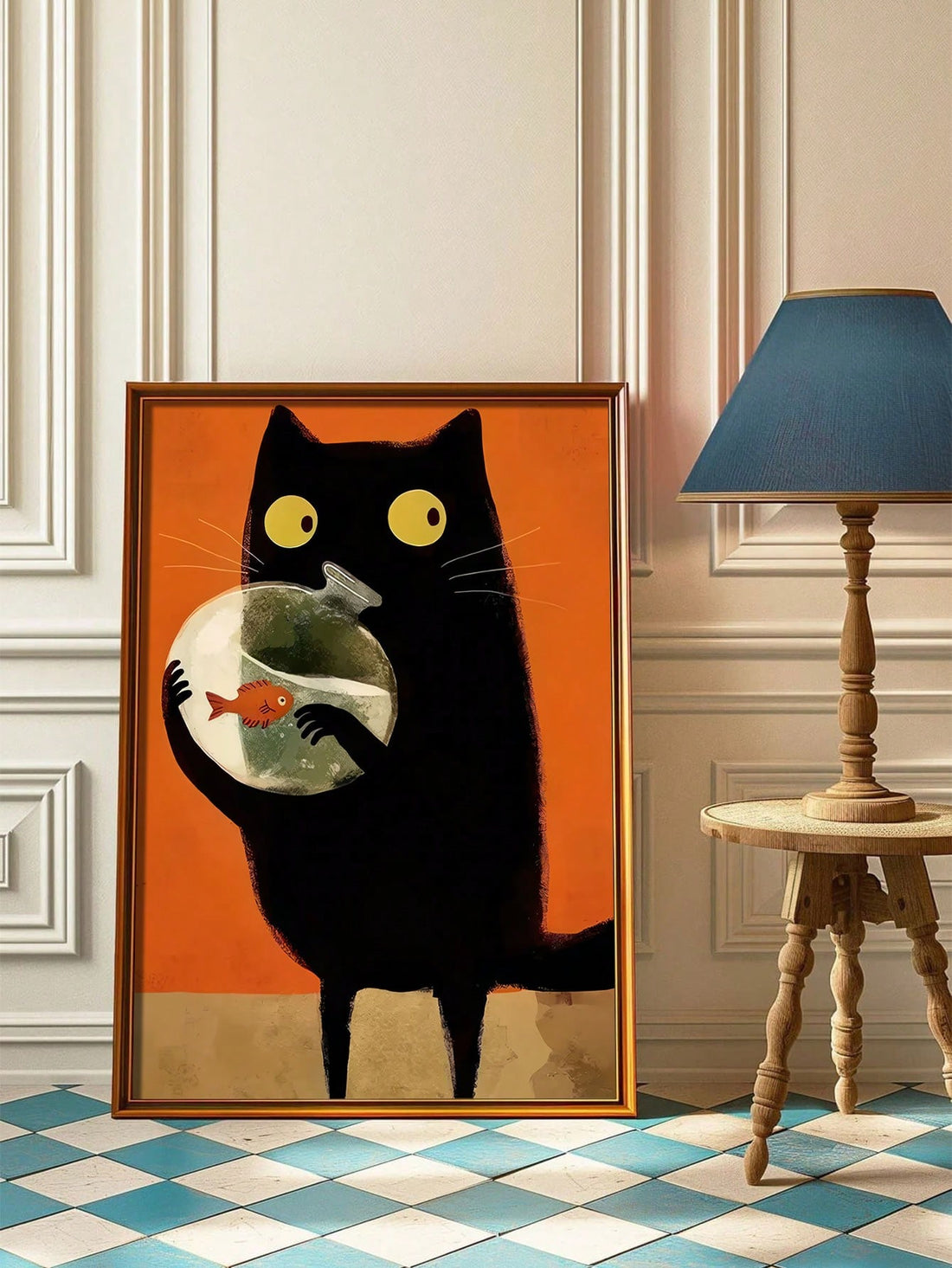 This whimsical black cat and fish canvas print offers a touch of playful charm to any home decor. With its high-quality aesthetic design, this poster adds a unique touch to your living space. Made with durable materials, this canvas print is the perfect addition to any art collection.
