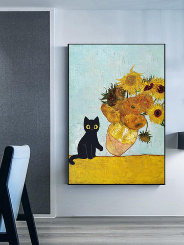 Introduce an air of whimsy to your living room with this unframed canvas oil painting featuring a black cat sitting amidst vibrant irises. Hand-painted and crafted with detail, this unique piece adds a playful yet sophisticated touch to your home decor. Elevate your space with this one-of-a-kind art piece.