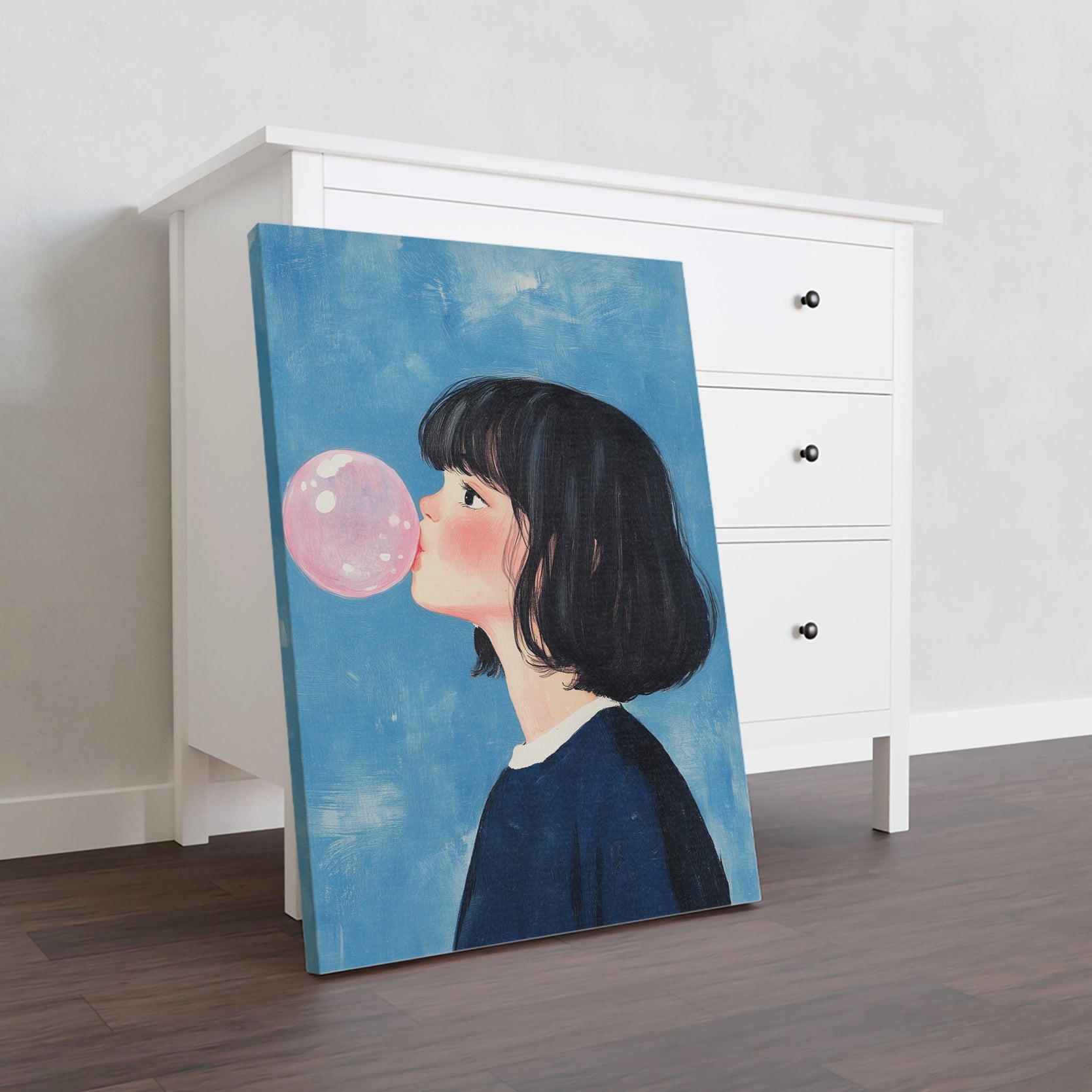 This Whimsical Bubble Gum Art Canvas Print features a vibrant blue background, making it the perfect addition to any living room, sofa backdrop, or bedside. Transform your home decor with this playful and unique art piece. Made with high-quality materials, it is sure to add character and charm to any space.