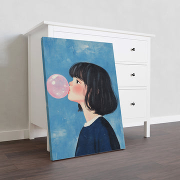 This Whimsical Bubble Gum Art Canvas Print features a vibrant blue background, making it the perfect addition to any living room, sofa backdrop, or bedside. Transform your home decor with this playful and unique art piece. Made with high-quality materials, it is sure to add character and charm to any space.