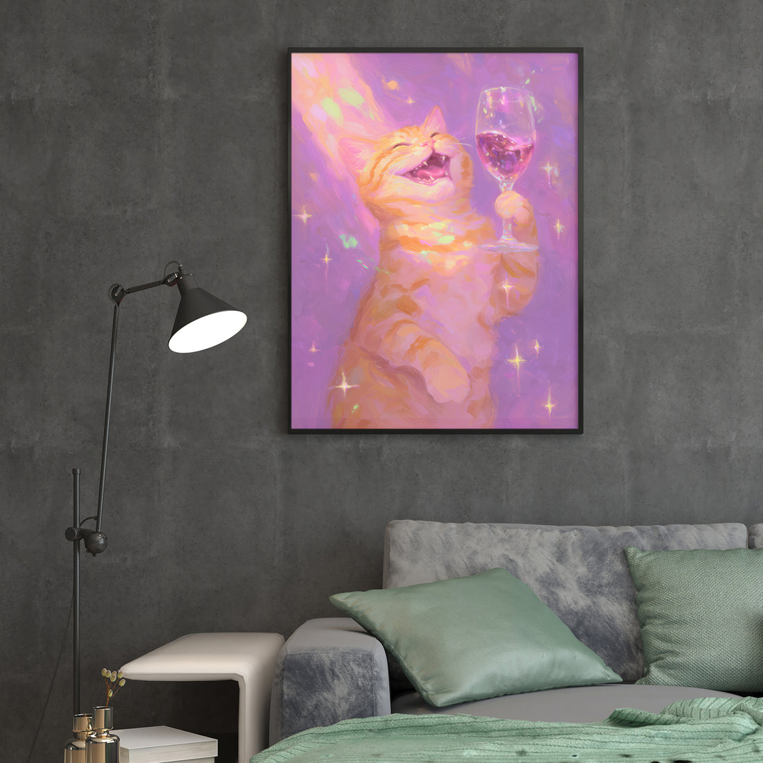 Transform your space with this enchanting whimsical cat art canvas print, featuring a mesmerizing blend of purple and orange hues that evoke a fantastical atmosphere. Perfect for living rooms, bedroom walls, or above sofas, this vibrant piece adds personality and visual interest to any interior.