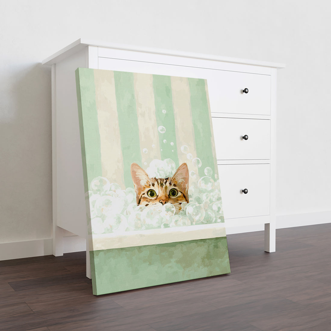 Elevate your space with this charming canvas wall art featuring a whimsical cat design set against refreshing green and white stripes. Perfect for bathrooms, living rooms, or bedside walls, this print brings playful personality to any interior.