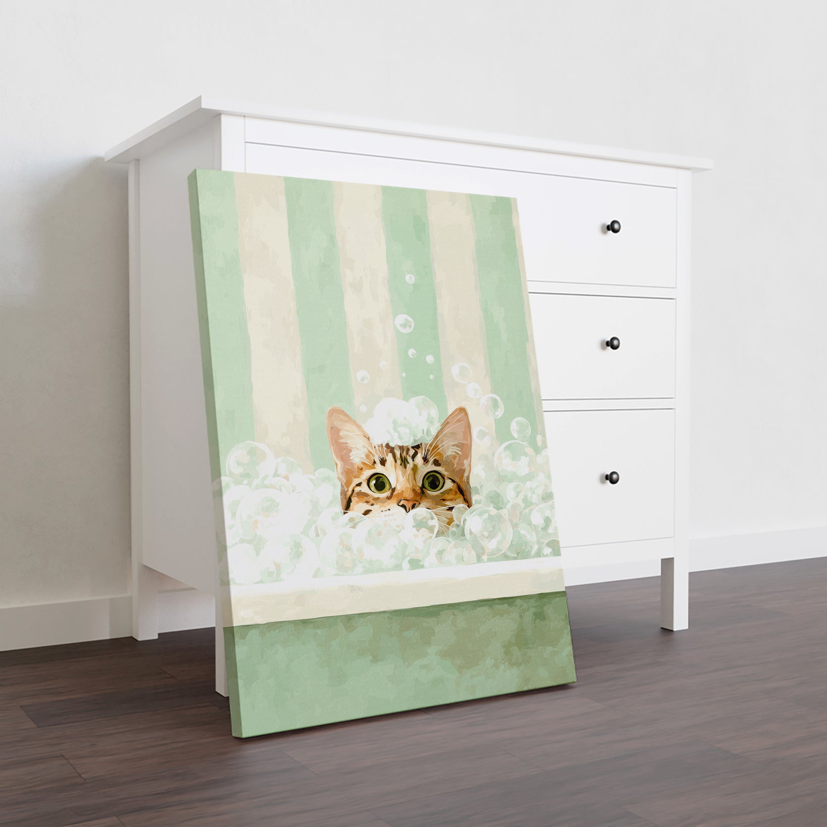 Elevate your space with this charming canvas wall art featuring a whimsical cat design set against refreshing green and white stripes. Perfect for bathrooms, living rooms, or bedside walls, this print brings playful personality to any interior.