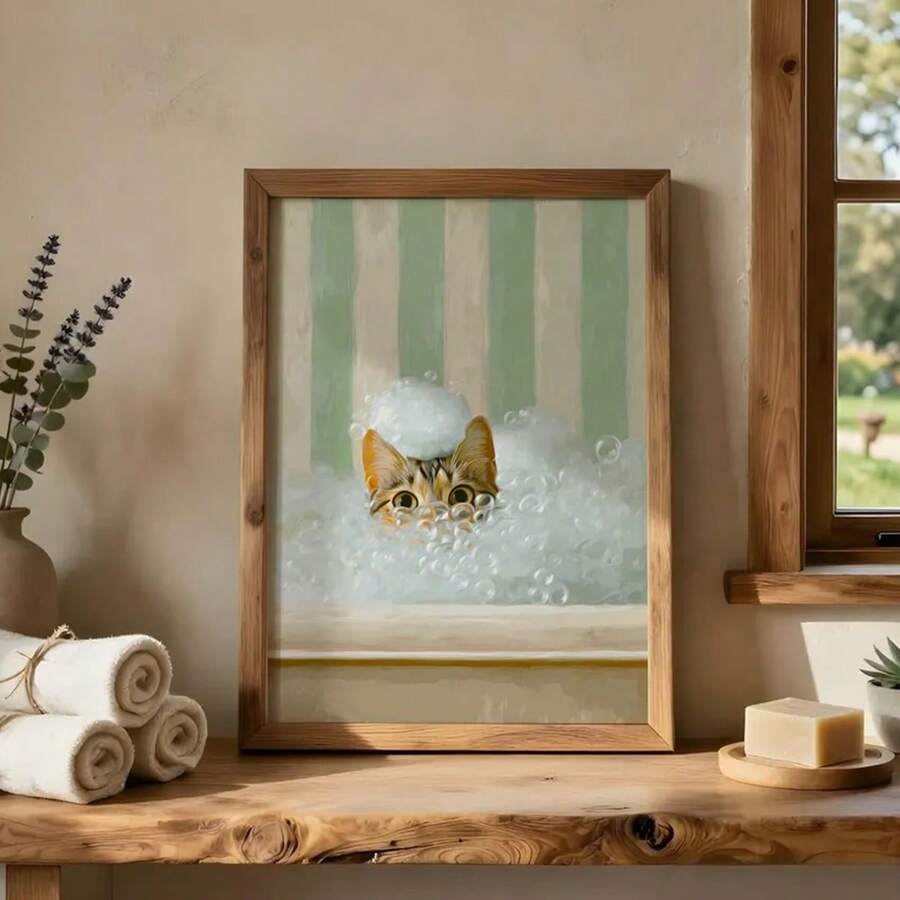 Bring playful charm to any space with this whimsical cat bubble bath poster. Featuring an adorable feline design, this modern artwork celebrates pet lovers everywhere. Printed on high-quality canvas with waterproof protection, it's perfect for bathrooms, bedrooms, or any room needing a touch of personality. The unframed design offers flexible styling options to match your décor. A delightful addition for cat enthusiasts and animal art collectors alike.