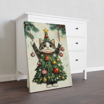 Add a touch of holiday whimsy to any room with this Whimsical Cat Christmas Tree Canvas Wall Art. Perfect for living rooms, sofa backdrops, bedside decoration, or home decor, this piece features a playful cat and a festive Christmas tree, adding a fun and festive atmosphere to your space. Made with high-quality canvas, it is durable and sure to last for many holiday seasons to come.