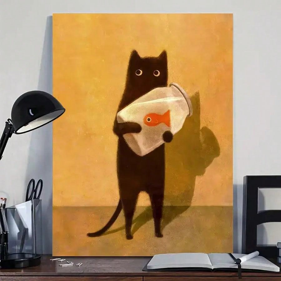 Transform your living space with our Whimsical Cat &amp; Fish Art Prints. These modern, frameless prints feature playful felines and colorful fish, adding a touch of delight to any room. Enjoy expert craftsmanship with high quality materials, creating the perfect addition to your home decor.
