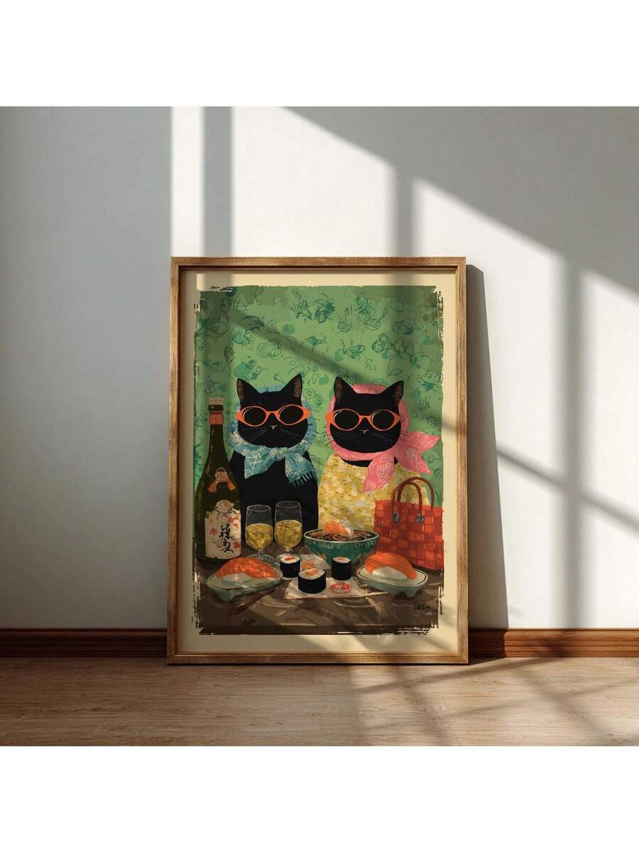 Bring playful charm to your space with this whimsical cat sushi poster. Perfect for cat lovers and Japanese cuisine enthusiasts, this vibrant artwork combines adorable feline characters with sushi-inspired designs