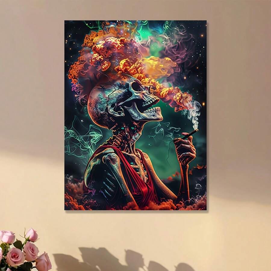 Psychedelic skeleton wall art with orange teal and purple smoke above pink roses
