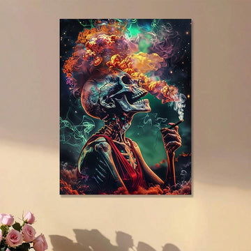 Psychedelic skeleton wall art with orange teal and purple smoke above pink roses