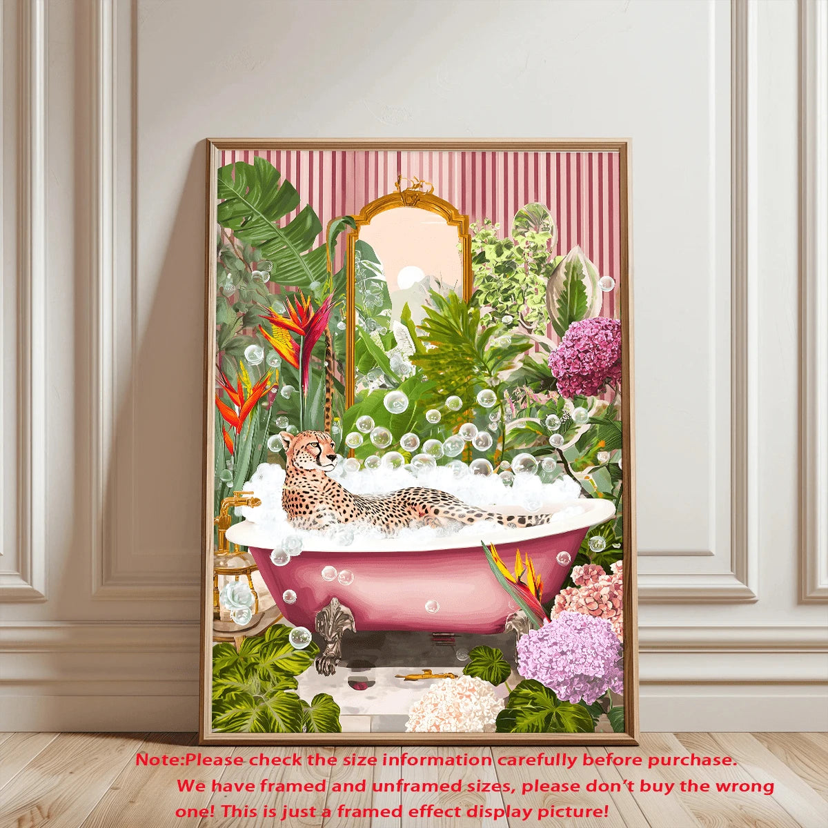 Whimsical cheetah bubble bath tropical flower canvas poster