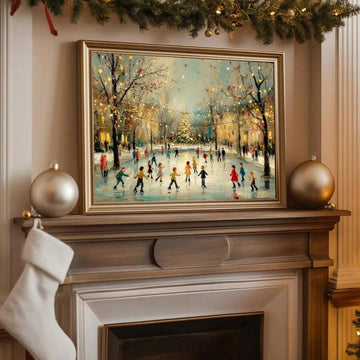 Whimsical Christmas Town & Flying Santa Sleigh Winter Landscape Canvas Poster 