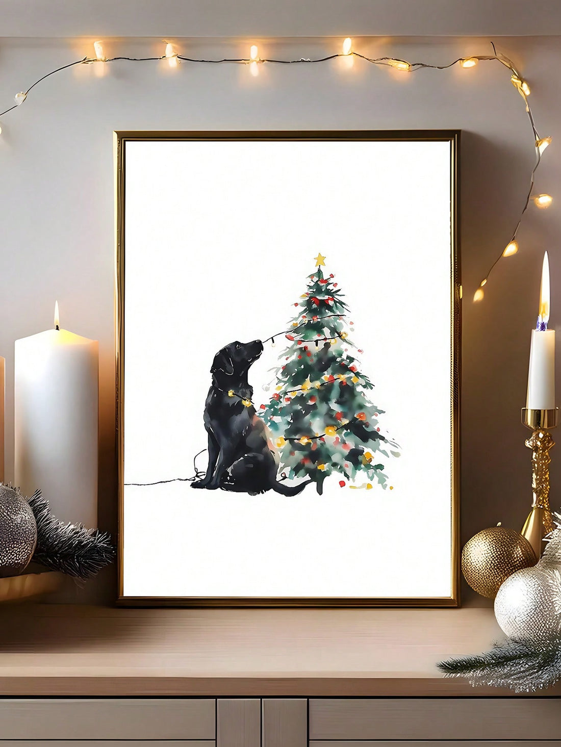 Celebrate the season with this charming watercolor canvas that blends festive cheer with canine companionship. Featuring a black Labrador alongside a whimsical Christmas tree rendered in soft, flowing watercolor tones, this piece brings warmth and personality to any room. The modern minimalist aesthetic ensures it complements contemporary décor while the holiday theme makes it perfect for seasonal displays. Ideal for dog lovers and art enthusiasts alike, this canvas transforms your space into a cozy, joyful