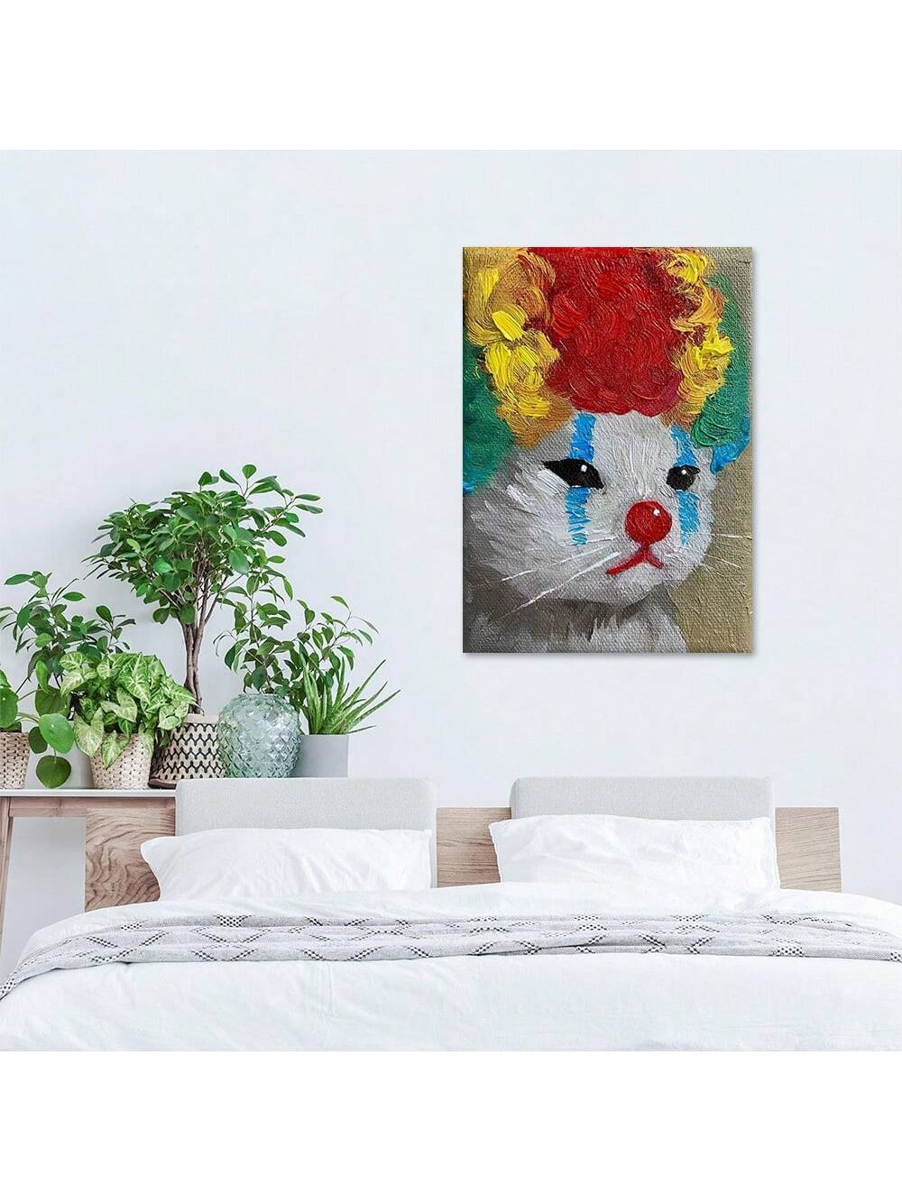This Whimsical Clown Cat Canvas Art Print is the perfect playful addition to your home decor. Featuring a charming cat dressed as a clown, this piece adds a touch of whimsy to any space. Made with high-quality canvas, it's durable and perfect for any animal lover.