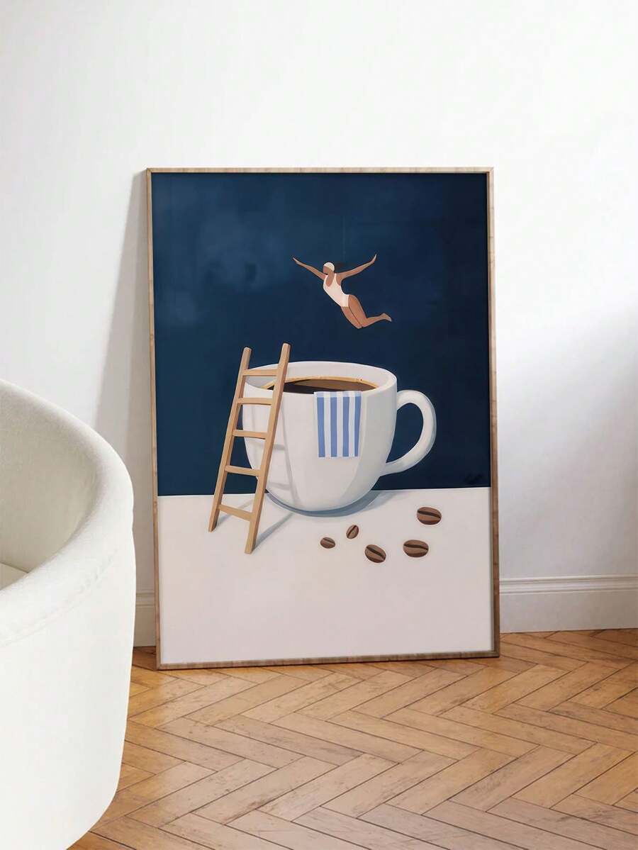 Bring playful charm to your kitchen and living room with this whimsical coffee diver canvas art print. Featuring an abstract, modern design with graphic figure elements, this unframed painting adds personality to any space. Crafted on durable canvas with waterproof benefits, it's perfect for dining rooms and high-moisture areas. The contemporary style complements both eclectic and minimalist interiors, making it an ideal choice for coffee lovers and art enthusiasts alike.