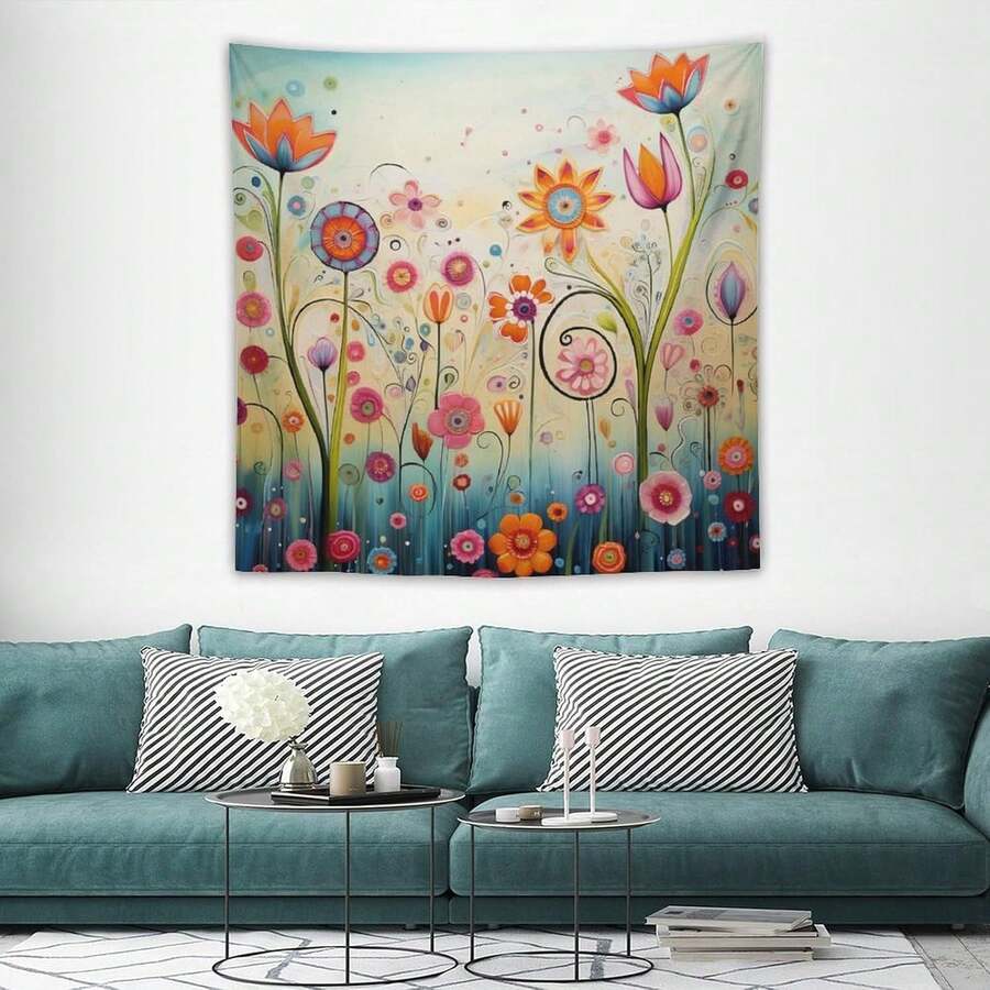 Whimsical floral tapestry displayed above teal sofa with colorful boho decor