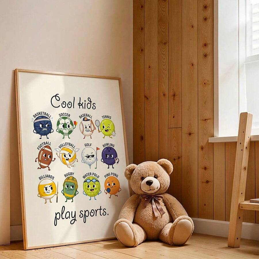 Framed cream sports poster with twelve colorful cartoon balls and Cool kids play sports text