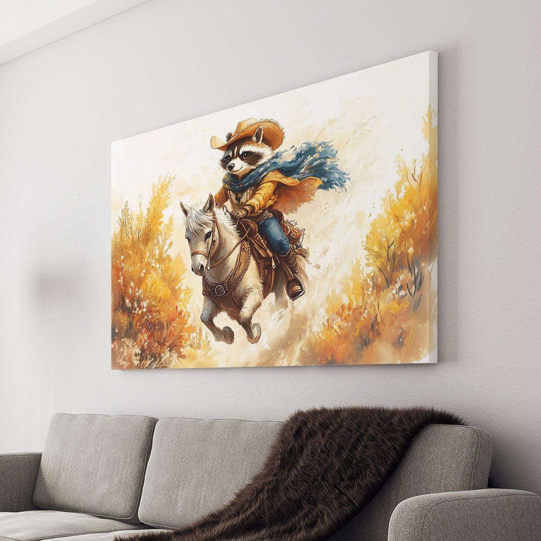 This Whimsical Cowboy Raccoon Canvas Wall Art will add a touch of Western charm to any living room, sofa backdrop, or bedside. The high-quality canvas features a playful and charming raccoon in a cowboy hat, creating a unique and eye-catching piece for your home decor.