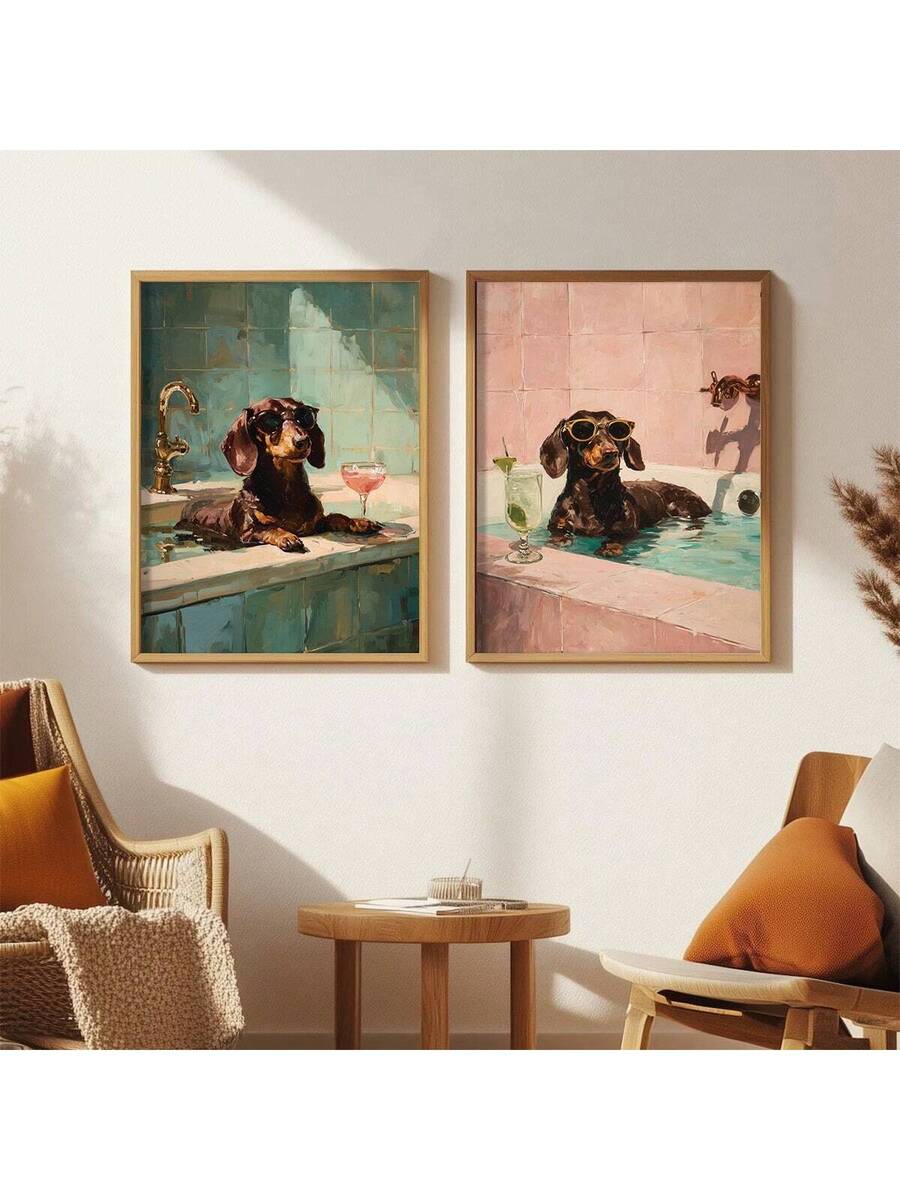 Transform your bathroom into a playful retreat with this charming Dachshund Bath Wall Art Set. Featuring whimsical sausage dog prints in vibrant multicolor hues, this modern canvas collection brings personality and humor to any space. The waterproof canvas material makes it perfect for moisture-prone areas, while the unframed design offers flexible styling options. Whether displayed in your bathroom, dining room, or home office, these fun figure prints add character and warmth to your decor. A delightful ch