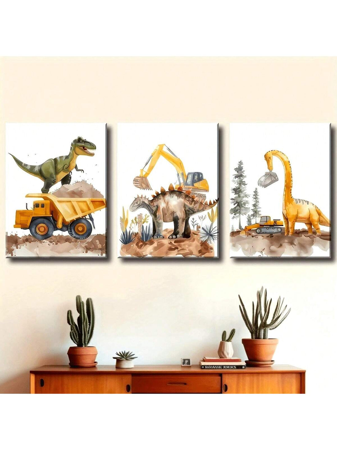 Add a playful yet sophisticated touch to any space with this Whimsical Dinosaur Construction Triple Canvas Art. Ideal for children's rooms, offices, or as a distinctive gift, this artwork combines charming dinosaur illustrations with a construction theme across three coordinated canvases. Its vibrant design sparks imagination while enhancing decor with a unique, expert-crafted aesthetic. Durable and easy to hang, it offers a creative focal point that appeals to both young audiences and adults seeking a fun,