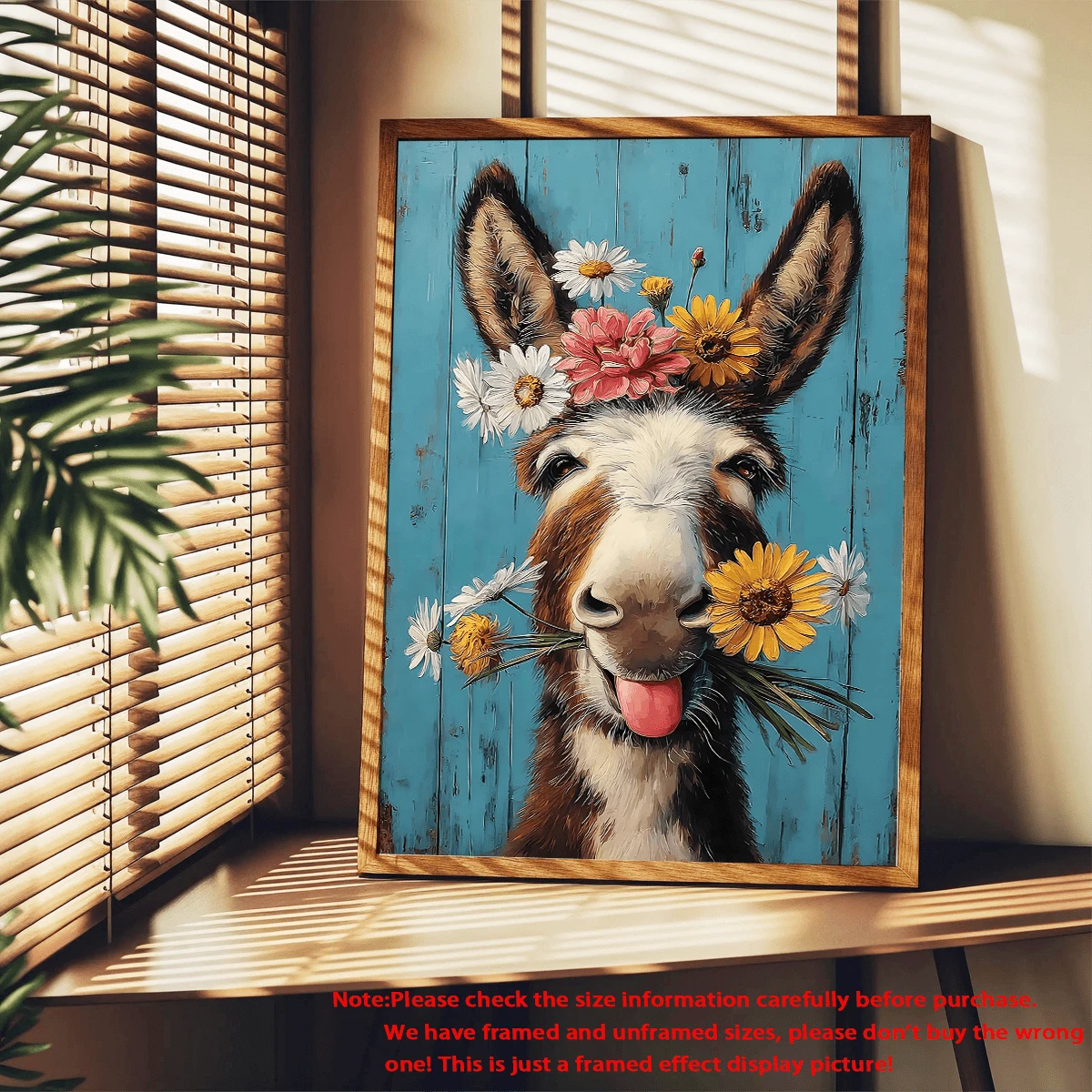 Whimsical donkey portrait with colorful flower crown on rustic blue canvas