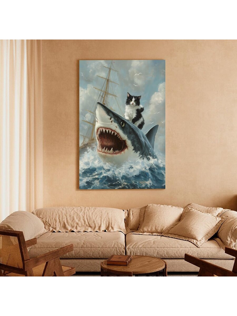 Add some whimsy to your walls with our Whimsical Fat Cat &amp; Shark Canvas. This fun meme wall art is sure to bring a smile to any room. Perfect for cat and shark lovers alike, this canvas adds a touch of humor and personality to your decor.