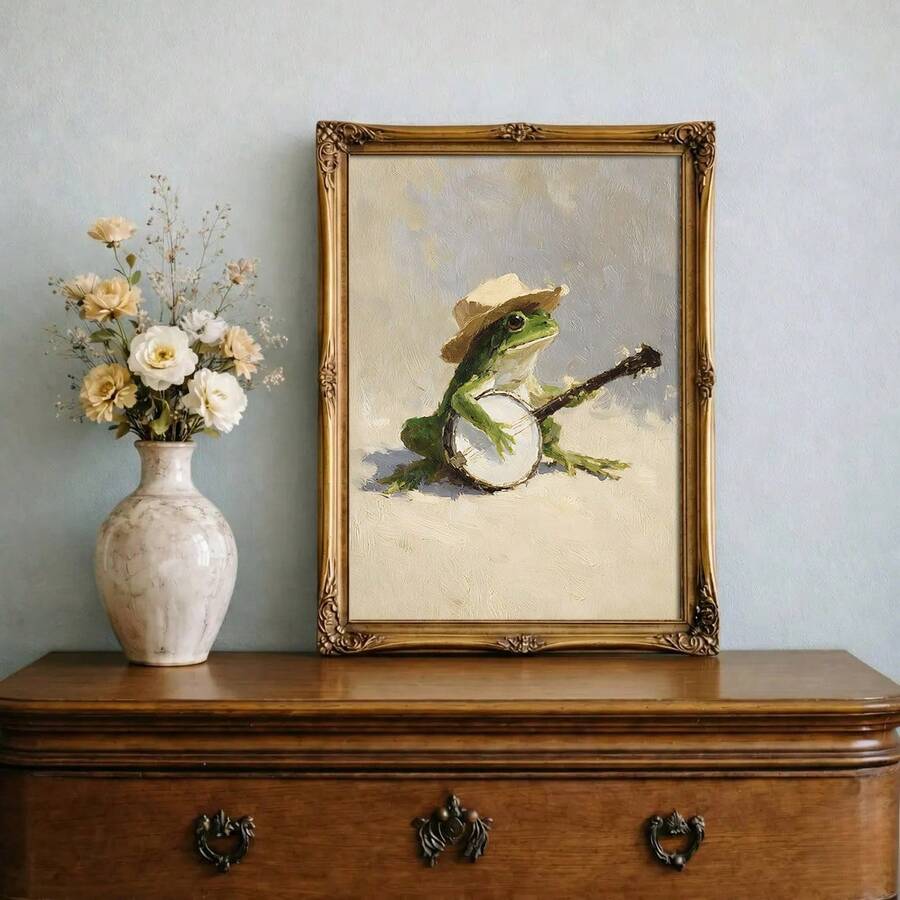 Whimsical Frog Playing Banjo Vintage Funny Canvas Poster