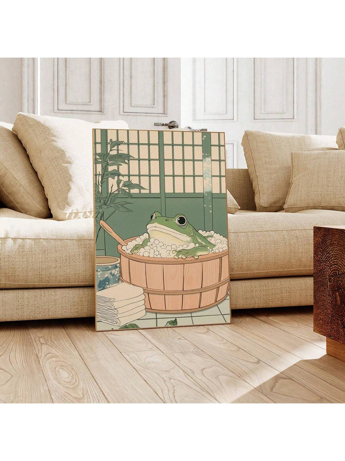 Elevate your interior with this vintage Japanese canvas art featuring a whimsical frog relaxing in a wooden tub. This piece blends traditional Japanese aesthetics with playful charm, making it a sophisticated addition to any stylish home decor. Crafted with attention to detail, it offers a unique cultural touch that enhances ambiance while showcasing refined artistic heritage. Ideal for collectors and design enthusiasts seeking a distinctive statement piece.