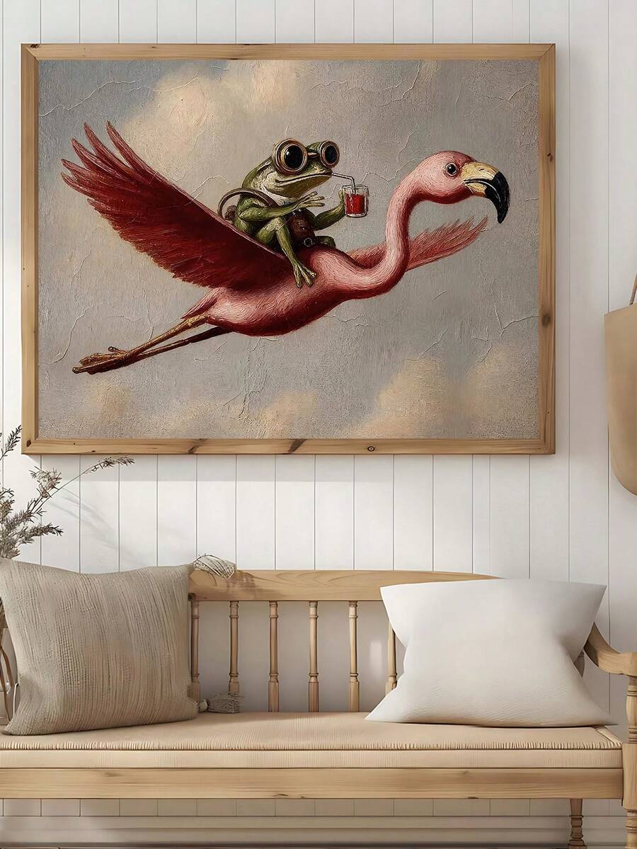 Add a touch of playful charm to your space with this whimsical frog perched on a flamingo—a delightfully quirky canvas print that blends vintage aesthetics with modern eclectic style. Perfect for dining rooms and creative spaces, this animal-themed artwork features vibrant graphic elements and botanical accents on premium canvas. Available as both framed and unframed options, it's waterproof and removable, making it ideal for renters and decorators who love bold, unconventional wall art that sparks conversa