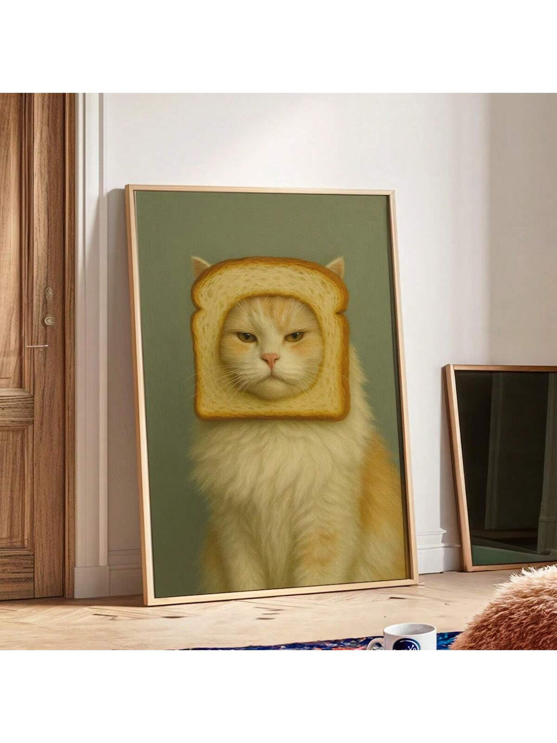 This whimsical cat art print brings playful personality to any room with its quirky design and vibrant aesthetic. Perfect for feline enthusiasts and those seeking distinctive wall decor, the piece combines humor with artistic charm.