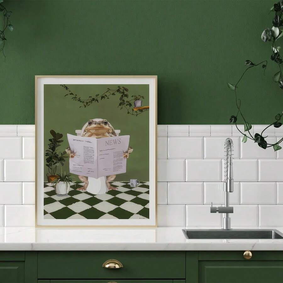 Funny frog reading a newspaper on a checkerboard bathroom canvas poster