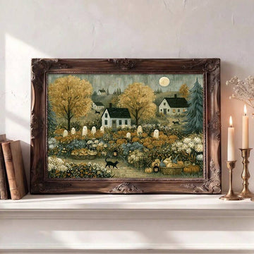 Ghost pumpkin haunted house autumn wall art